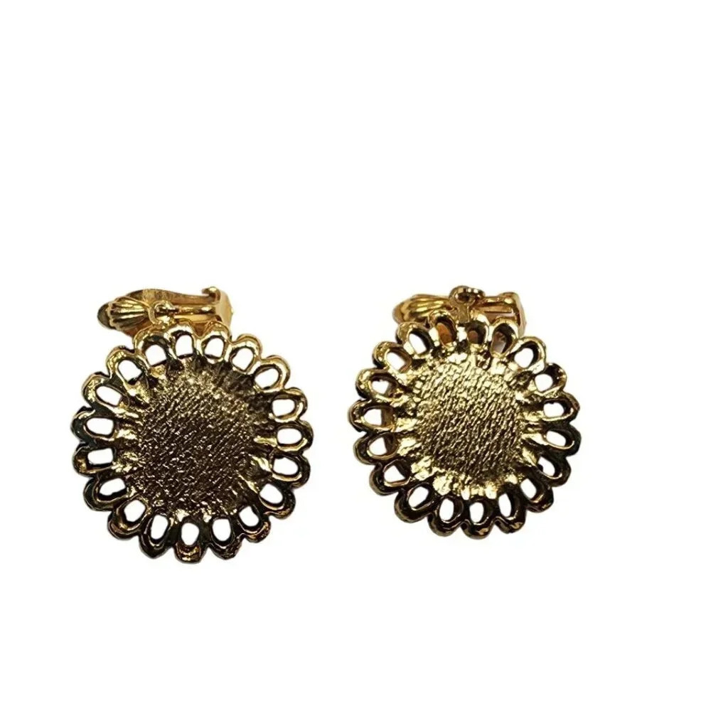 Vintage Sunflower Stone Dangle Drop Clip-On Earrings Gold Tone - Picture 2 of 2